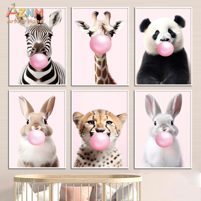 Baby Nursery Room - Pôster de Panda Rosa, Girafa, Coelho,
